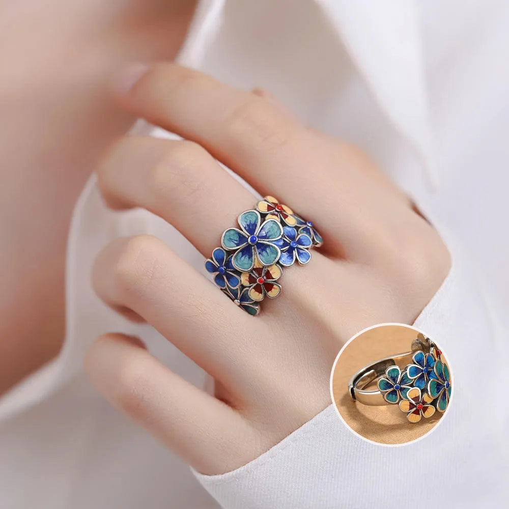 Anillo Ajustable "Jardín Retro"™: Flores de Esmalte Bohemio